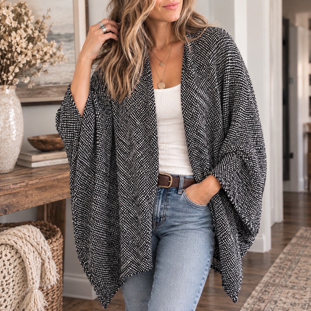 Eileen Fisher S/M Black White Marled Cocoon Cardigan Open Front Oversized Poncho